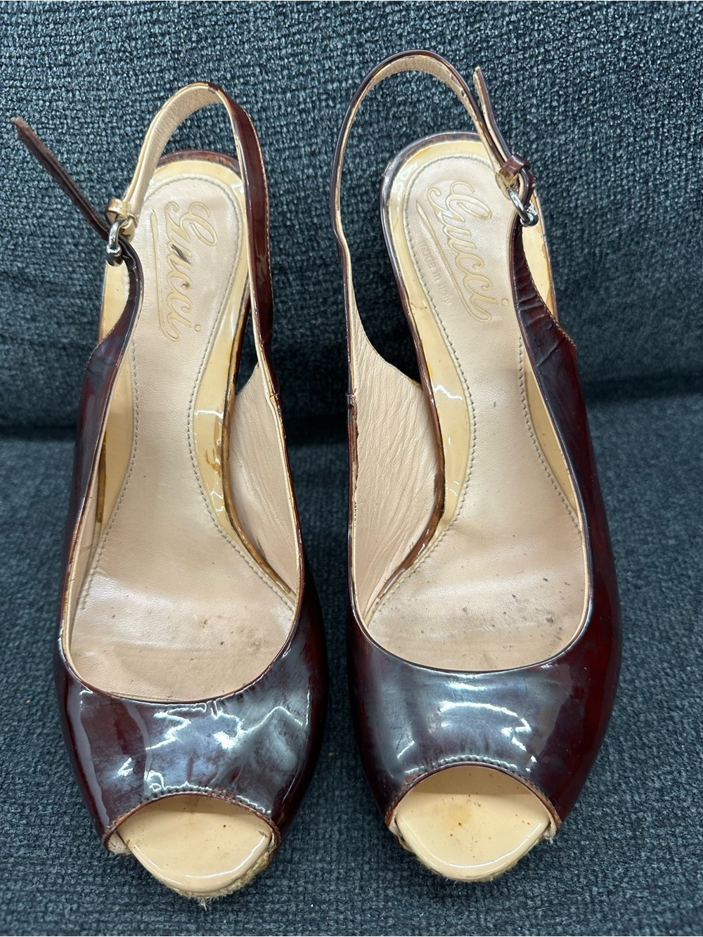 Gucci Women's Burgundy Peep-Toe Slingback Heels size 37 EU Made in Italy - Picture 4 of 16